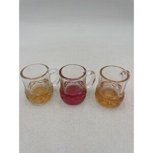 Miniature Glass Mug Set Of 3 In Amber & Cranberry Colors 2.5" Tall Decorative Co